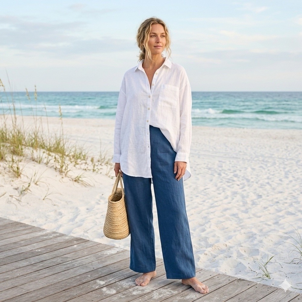 Lands End‎ Shirt White M 10 12 Linen Minimalist Beachy Lagenlook